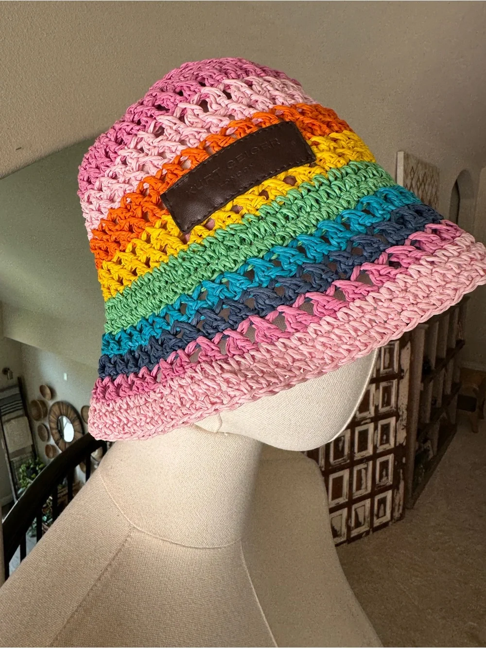 Kurt Geiger London Rainbow Stripe Straw Bucket Hat - one size